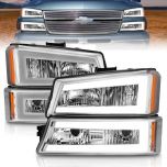 AmeriLite for 2003-2006 Chevy Silverado 1500 2500 3500 | Avalanche Pickup LED Bar Tube Chrome Headlights w/Bumper Lamp Set - Driver and Passenger Side