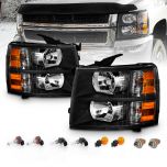 AmeriLite for 2007-2013 Chevy Silverado 1500 / 07-14 Silverado 2500HD 3500HD OEM Style Black Replacement Headlights w/Bulb and Harness Amber Reflector Set - Passenger & Driver