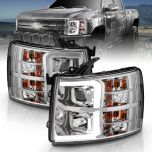 AmeriLite for 2007-2013 Chevy Silverado 1500/07-14 Silverado 2500HD 3500HD LED Tube Quad Projector Chrome Headlights Assembly Set - Passenger and Driver Side