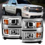 AmeriLite for 2014-2015 Chevy Silverado 1500 Pickup Truck Square Projector Dual LED Tube Chrome Headlights Pair - Driver and Passenger Side