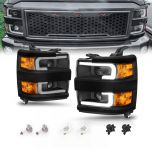 AmeriLite for 2015-2019 Chevy Silverado 2500HD 3500HD Work Truck w/Dual LED Tube All Dark Black Square Projector Replacement Headlights Set - Passenger and Driver Side