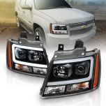 AmeriLite for 2007-2013 Chevy Avalanche Suburban Tahoe Super Bright LED Bar Projector Halogen Black Headlights Pair - Passenger and Driver Side
