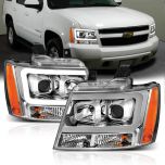 AmeriLite for 2007-2013 Chevy Avalanche Suburban Tahoe SUV Super Bright LED Bar Projector Chrome Replacement Headlights Pair - Left and Right Side
