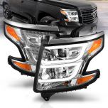 AmeriLite for 2015-2017 Chevy Tahoe Suburban Halogen Type Dual Crystal LED DRL Projector Chrome Headlights Set (Bulbs Included) - Passenger and Driver Side