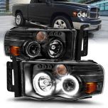 AmeriLite Black Dual LED Halo Rings Projector Replacement Headlights Pair for 2002-2005 Dodge RAM 1500 2500 3500 Truck - Passenger and Driver Side