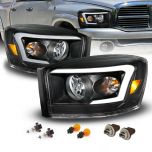 AmeriLite for RAM Truck 2006-2008 1500 | 06-09 2500 3500 LED Tube Light Bar Black Projector Headlights - Passenger and Driver Side