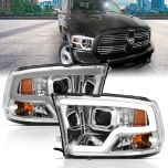 AmeriLite LED Tube Chrome Square Projector Headlights Assembly for 2009-2019 Dodge Ram 1500 2500 3500 - Passenger and Driver Side