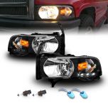 AmeriLite Black 1pc Replacement Headlights w/Corner LED Parking Lamp Assembly Set for 1994-2001 Dodge Ram 1500 2500 3500 Truck - Passenger and Driver Side