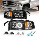 AmeriLite Replacement for 1994-2001 Dodge Ram 1500 | 94-02 Ram 2500 3500 Truck Xtreme LED Halos Projector Black Headlights Set - Passenger and Driver Side