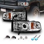 AmeriLite for 1994-2001 Dodge Ram 1500 2500 3500 Pickup Dual LED Halos Projector Black Replacement Headlights Assembly Set - Passenger and Driver Side