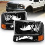 AmeriLite for 99-04 2000 2001 2002 2003 Ford Super Duty F-250 F-350 F-450 F-550 Excursion Black Replacement Headlights w/Corner Bumper Corner Set - Passenger and Driver Side