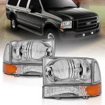 AmeriLite for 1999-04 Ford Super Duty F-250 F-350 F-450 F-550 / 2000-04 Excursion Chrome Replacement Headlights w/Corner Bumper Corner Set - Passenger and Driver Side