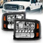 AmeriLite Black Replacement Headlights 1pc LED Running Light for Ford Excursion/Super Duty (Pair) Not compatible with Seal Beam lamp version