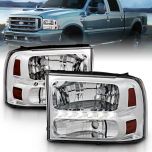 AmeriLite Chrome Replacement Headlights Assemblies LED Parking Lamp Set for 1999-2004 Ford Super Duty / 00-01 Excursion - Passenger and Driver Side