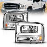 AmeriLite for 1999-2004 Ford F250 F350 F450 Superduty | 00-04 Excursion C-Type LED Tube Chrome Replacement Headlight Pair - Passenger and Driver Side