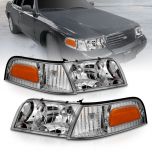 AmeriLite for 1998-2011 Ford Crown Victoria Black Replacement Headlights + Corner Turn Signal Lamps Pair - Driver and Passenger Side