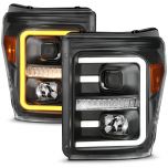AmeriLite Replacement Headlights for 2011-2016 Ford F250/350/450 Super Duty Switchback LED Tube Projector Black Assembly Set - Passenger and Driver Side