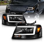 AmeriLite For 2004-2008 Ford F-150 Truck C-Type LED Tube Square Black Projector Headlights Assembly Pair - Driver and Passenger