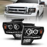 AmeriLite for 2009-2014 Ford F150 Pickup Xtreme LED Halos Black Projector Replacement Headlights Set - Passenger and Driver Side