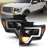 AmeriLite For 2009-2014 Ford F150 Truck LED Tube Projector Black Replacement Halogen Headlights Set - Passenger and Driver Side