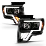 AmeriLite Replacement Headlights Switchback Led, Halogen, Tube Quad Projector Set For 2009-2014 Ford F150 - Passenger and Driver Side, Vehicle Light Assembly, Black LED Tube