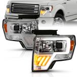 AmeriLite For 2009-2014 Ford F150 Truck LED Signal Tube Projector Chrome Halogen Headlights Assembly Set - Passenger and Driver Side