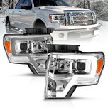 AmeriLite for 2009-2014 Ford F150 Truck LED Bar Square Projector Chrome Replacement Headlights Set w/Halogen Bulb Socket - Driver and Passenger Side