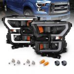 AmeriLite for 2015-2017 Ford F150 Pickup [Halogen Type] Dual LED Bar Projector Black Replacement Headlight Set - Driver and Passenger Side