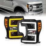 AmeriLite for 2017-2019 Ford F250 F350 F450 F550 XL XLT Super Duty Black Switchback LED Tube Dual Projectors Replacement Headlights Set - Passenger and Driver Side