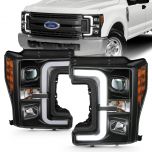 AmeriLite for 2017-2019 Ford Super Duty F250 F350 XL XLT Black Replacement Square Projector Headlights w/LED Bar Set - Passenger and Driver