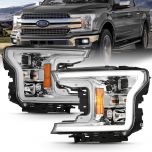 AmeriLite for 2018 2019 2020 Ford F150 Crystal Chrome Square Projector w/ LED Light Bar Replacment Headlights Assembly Set - Driver and Passenger