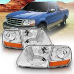AmeriLite for 1997-2003 Ford F150 Harley Lightning Crystal Chrome Replacement Halogen Headlights with Corner Parking Set - Driver and Passenger