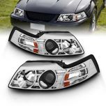 AmeriLite for 1999-2004 Ford Mustang New Edge Chrome Amber Reflector Projector Headlights Pair - Passenger and Driver Side