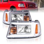 AmeriLite for 2001-2011 Ford Ranger LED Tube Chrome Replacement Headlights w/ Corner Lamp Set - Passenger and Driver Side