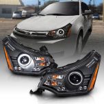 AmeriLite for 2008-2011 Ford Focus Xtreme LED Halo Ring Black Projector Headlights Pair - Passenger and Driver Side