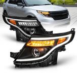 AmeriLite for 2011-2015 Ford Explorer LED Tube Signal Projector Black Replacement Headlight Pair - Driver and Passenger Side