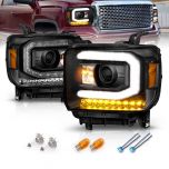 AmeriLite for 2014-2019 GMC Sierra 1500 2500HD 3500HD [LED DRL Type] Black LED Tube Projector Replacement Headlights Pair - Passenger and Driver Side