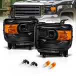 AmeriLite for 2014-2015 GMC Sierra 1500 / 15-2017 2500HD 3500HD Black Square Projector Replacement Headlights Assembly Pair - Passenger and Driver Side