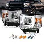 AmeriLite for 2014-2016 GMC Sierra Pickup Truck [Halogen Type] LED Bar Parking Lamp Chrome Projector Replacement Headlights Pair - Driver and Passenger Side