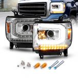 AmeriLite for 2014-2016 GMC Sierra 1500/15-2019 2500HD 3500HD [LED DRL Type] Chrome LED Tube Projector Headlights Pair - Passenger and Driver Side