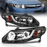 AmeriLite Projector Headlights Black Amber (CCFL Halo) for Honda Civic 4 Door/Hybrid - Passenger and Driver Side
