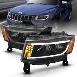 AmeriLIte 2014-2016 LED Bar / Turn Signal Projector Black Headlights Pair For Jeep Grand Cherokee Halogen Version
