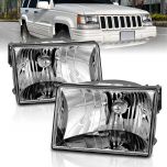 AmeriLite for 1993-1998 Jeep Grand Cherokee Replacement Crystal Chrome Main Kit Headlights Assembly Pair - Driver and Passenger Side