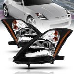 AmeriLite for 2003-2005 Nissan 350Z [Halogen Type] Black OE Replacement Projector Headlights Pair - Driver and Passenger Side