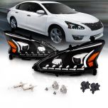 AmeriLite Projector Black Headlights LED Bar Style Set for 2013-2015 Nissan Altima 4 Door Sedan - Passenger and Driver Side