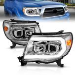 AmeriLite for 2005-2011 Toyota Tacoma C-Type Switchback LED Tube Signal Square Projector Chrome Headlights Pair - Passenger and Driver Side