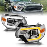 AmeriLite for 2012-2015 Toyota Tacoma Truck C-Type LED Tube Switchback Turn Signal Chrome Headlights Assembly Pair - Passenger and Driver Side