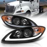 AmeriLite Black LED Glow Bar Projector Replacement Headlights Pair for 2008-2016 International ProStar Heavy Truck - Left and Right Side