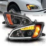 AmeriLite for 2008-2017 Kenworth T660 [Full LED] Light Tube Black Projector Headlights Set LED High/Low Beam - Passenger and Driver Side