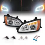 AmeriLite for 2008-2017 Kenworth T660 LED Bar Turn Signal Chrome Replacement Projector Headlights Set High/Low Beam Bulb Included - Passenger and Driver Side